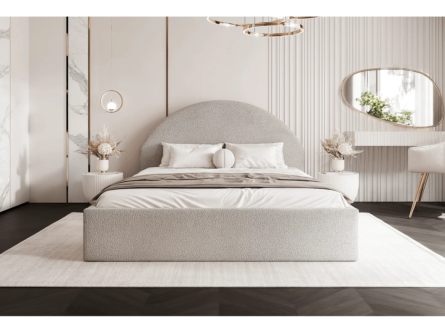 BESILIO Łóżko tapicerowane Boucle 180x200 Velora - stelaż listwowy, wezgłowie, pojemnik, łóżko slim - Beżowy