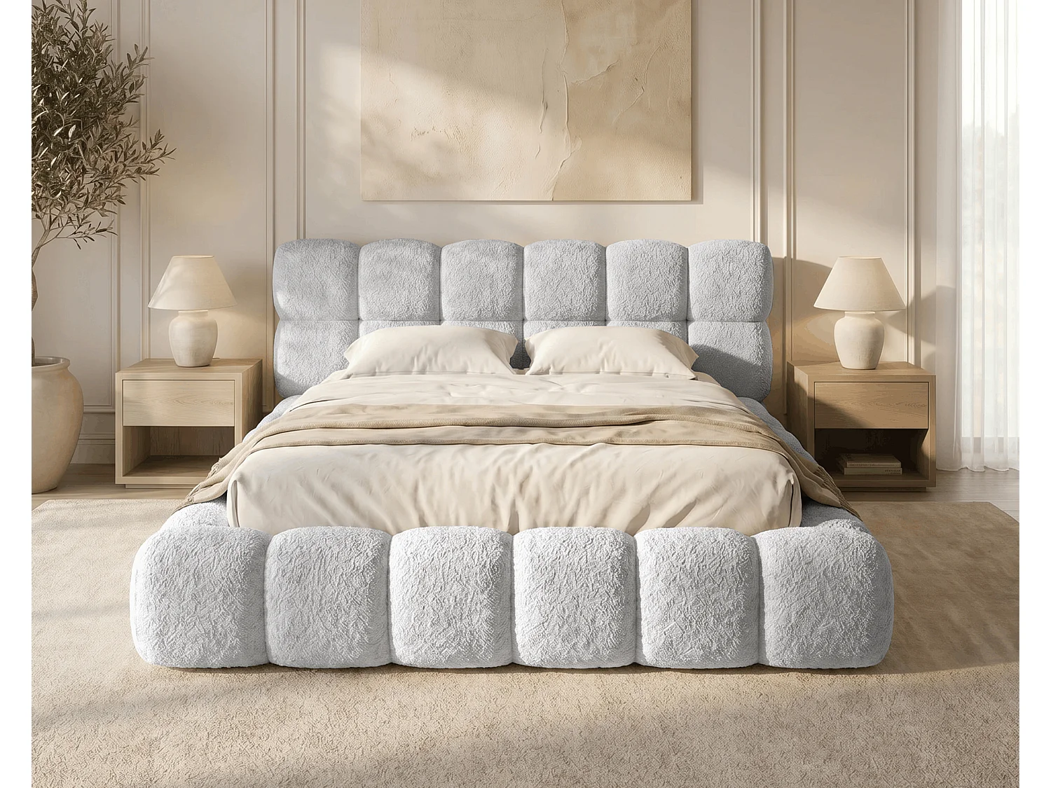 BESILIO Polsterbett 140x200 Bouclé Tokyo – Bett mit Bettkasten und Lattenrost, modernes Stauraumbett aus dickem Schaumstoff – Hellgrau