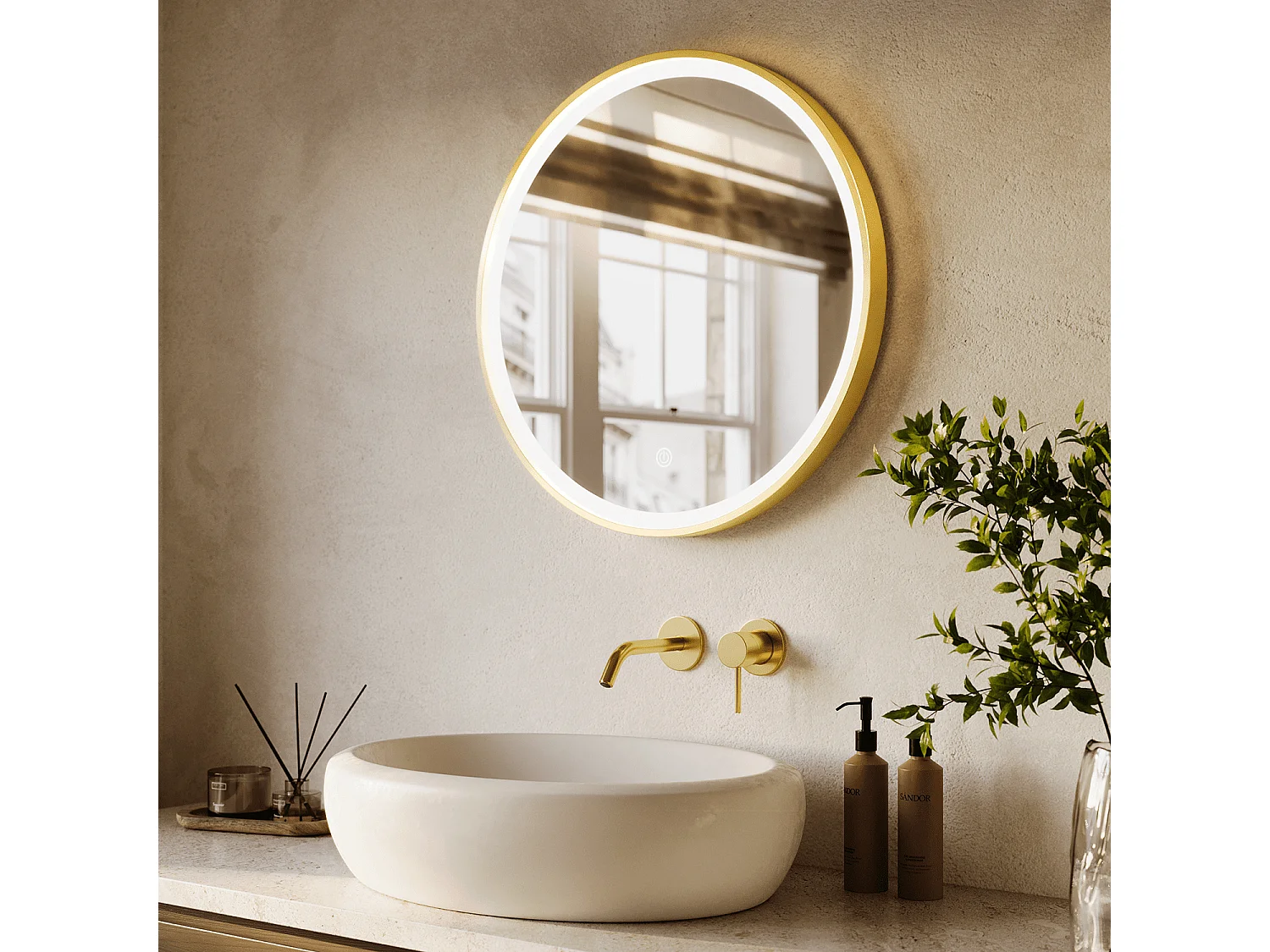 LOMAZOO Miroir de salle de bain 60 cm - cadre doré - rond