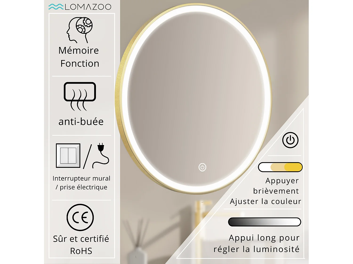 LOMAZOO Miroir de salle de bain 60 cm - cadre doré - rond