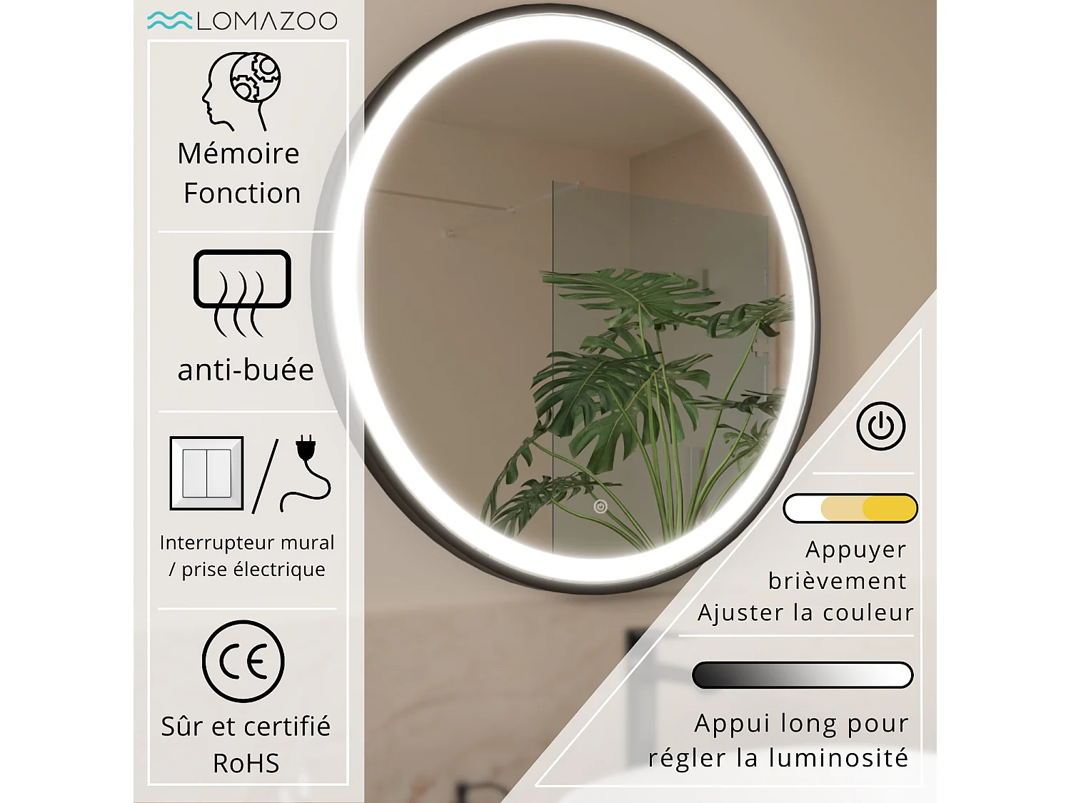 Miroir salle de bain LOMAZOO Bologna avec LED 70 cm rond Noir