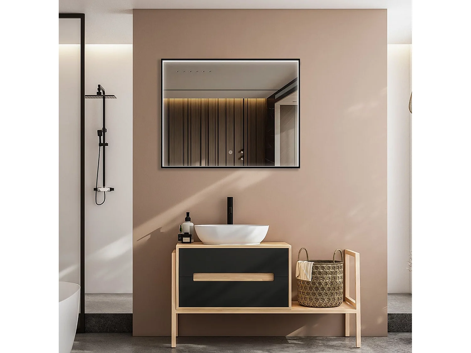 Miroir salle de bain LOMAZOO Bordeaux avec LED 80 x 60 cm rectangle Noir