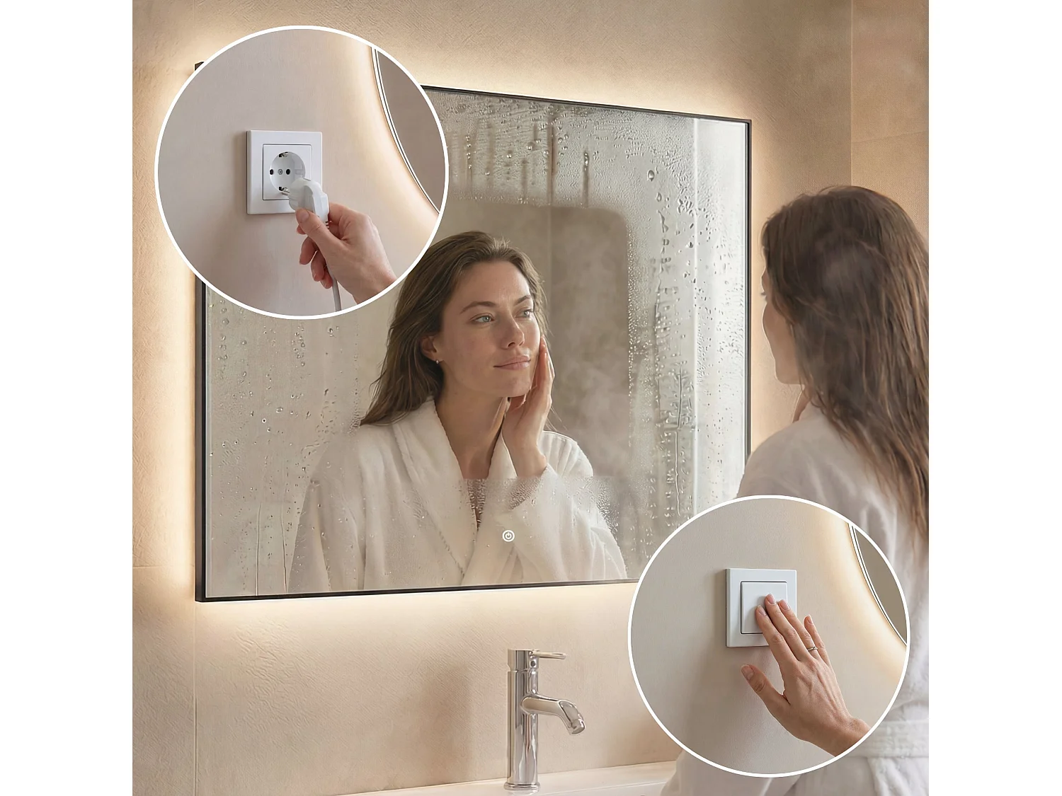 Miroir salle de bain LOMAZOO Bordeaux avec LED 80 x 60 cm rectangle Noir