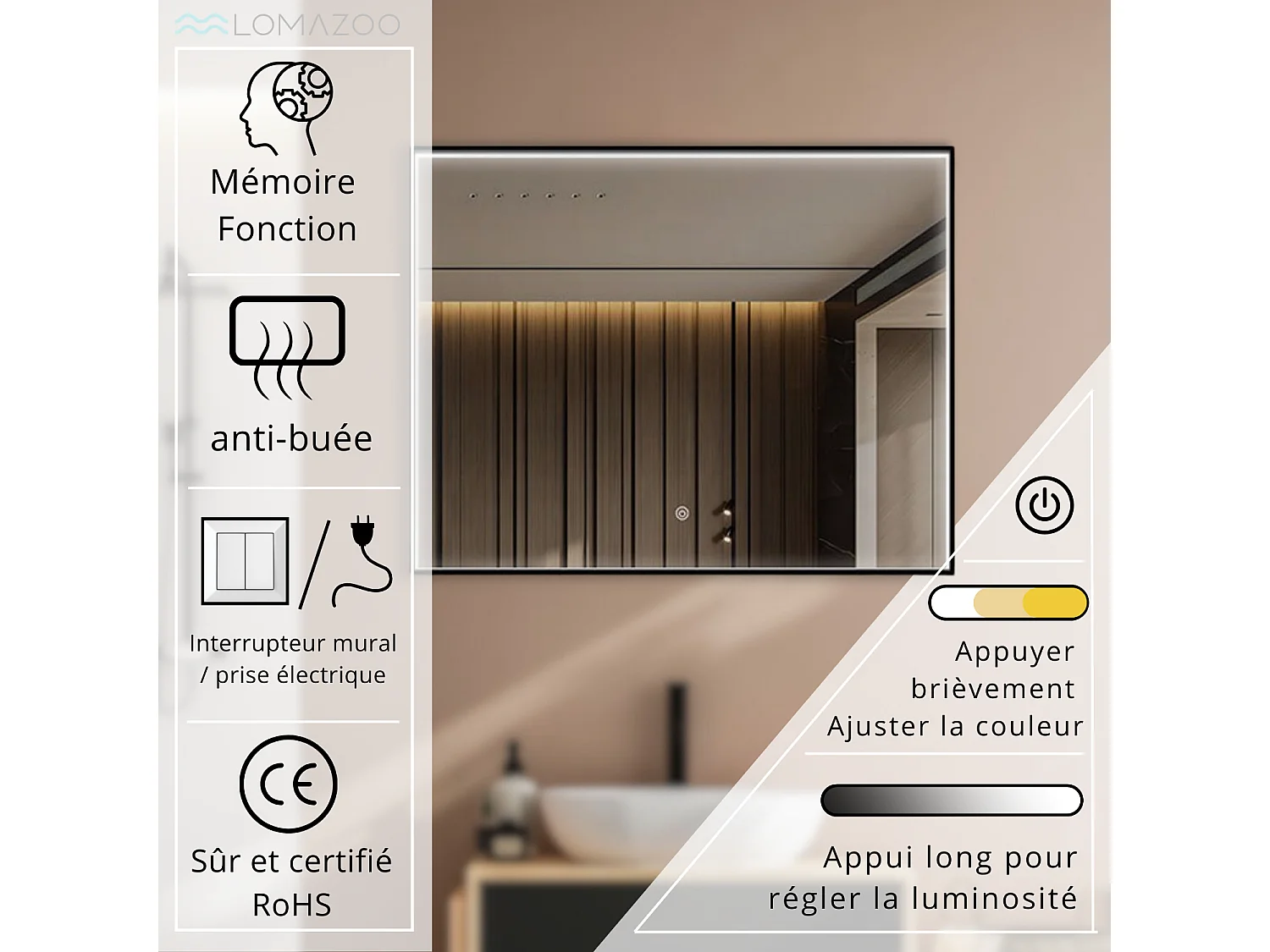 Miroir salle de bain LOMAZOO Bordeaux avec LED 80 x 60 cm rectangle Noir
