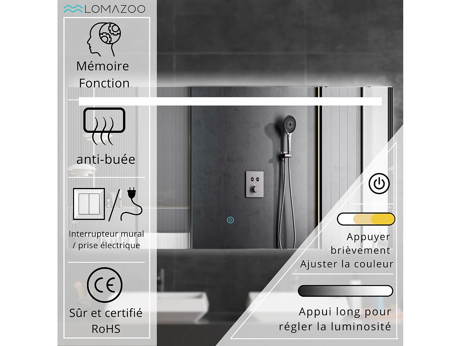 Miroir salle de bain LOMAZOO Houston avec LED 80 cm rectangle