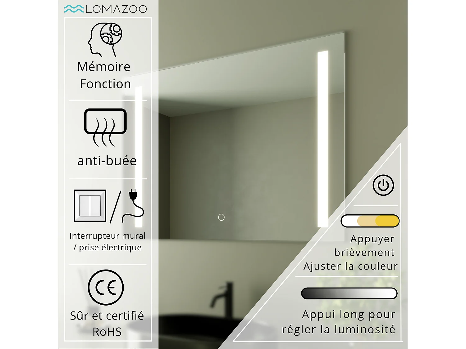 Miroir salle de bain LOMAZOO Reyes avec LED 60 x 80 cm