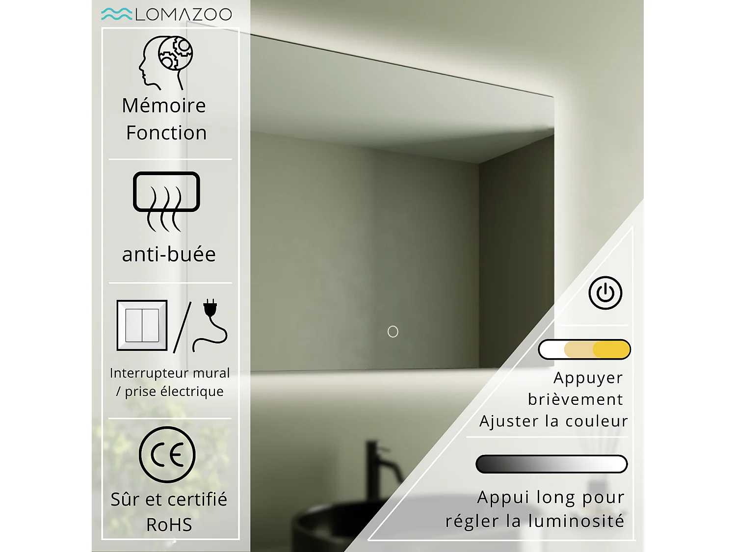 Miroir salle de bain LOMAZOO Bryce avec LED 60 x 80 cm
