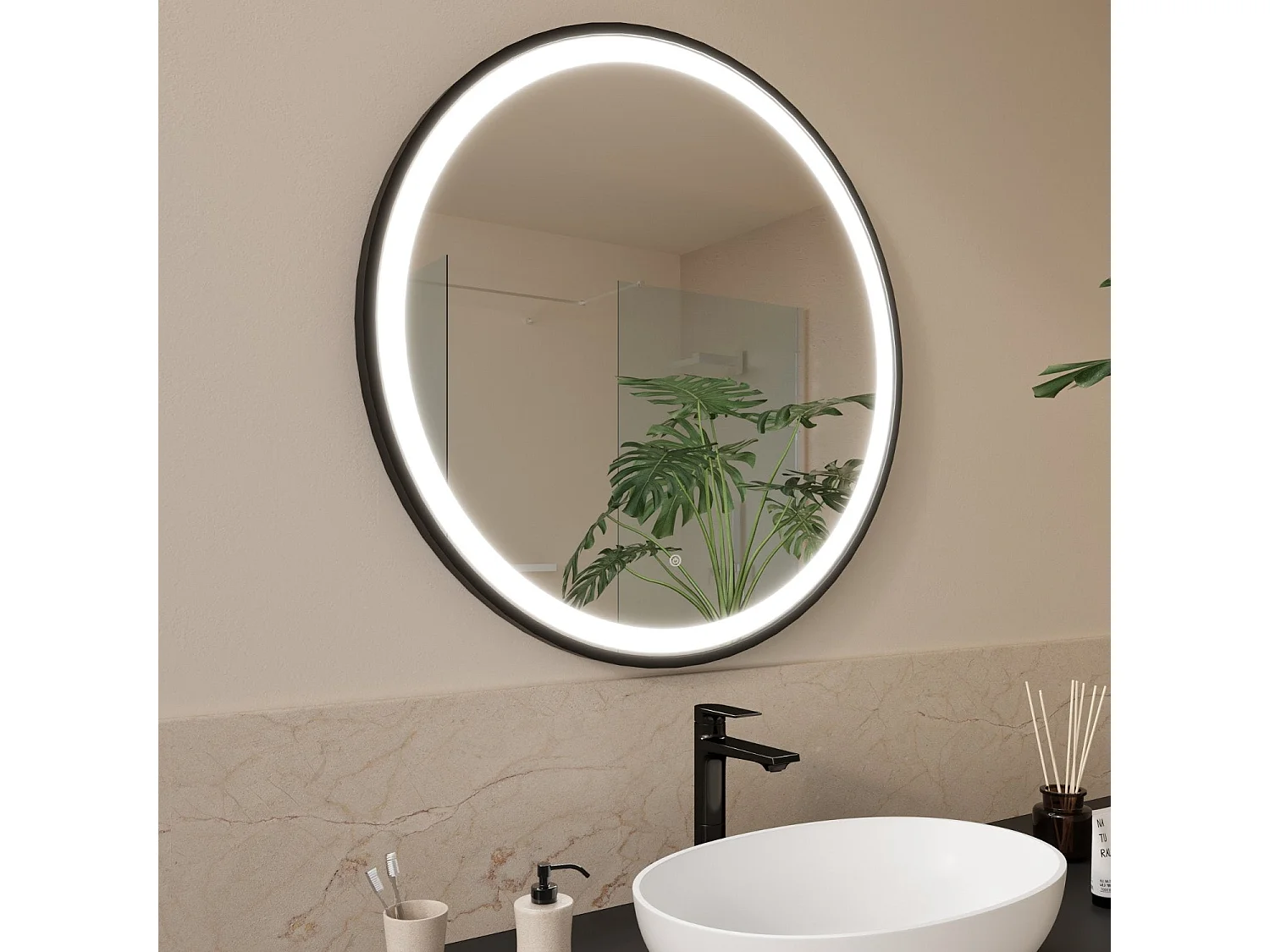 Miroir salle de bain LOMAZOO Florence avec LED 80 cm noir rond