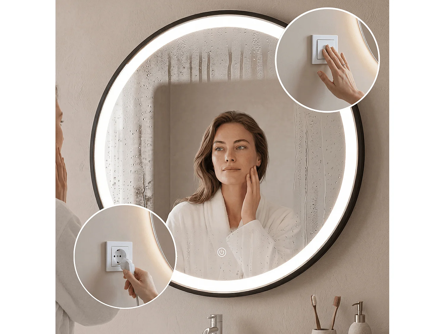 Miroir salle de bain LOMAZOO Florence avec LED 80 cm noir rond