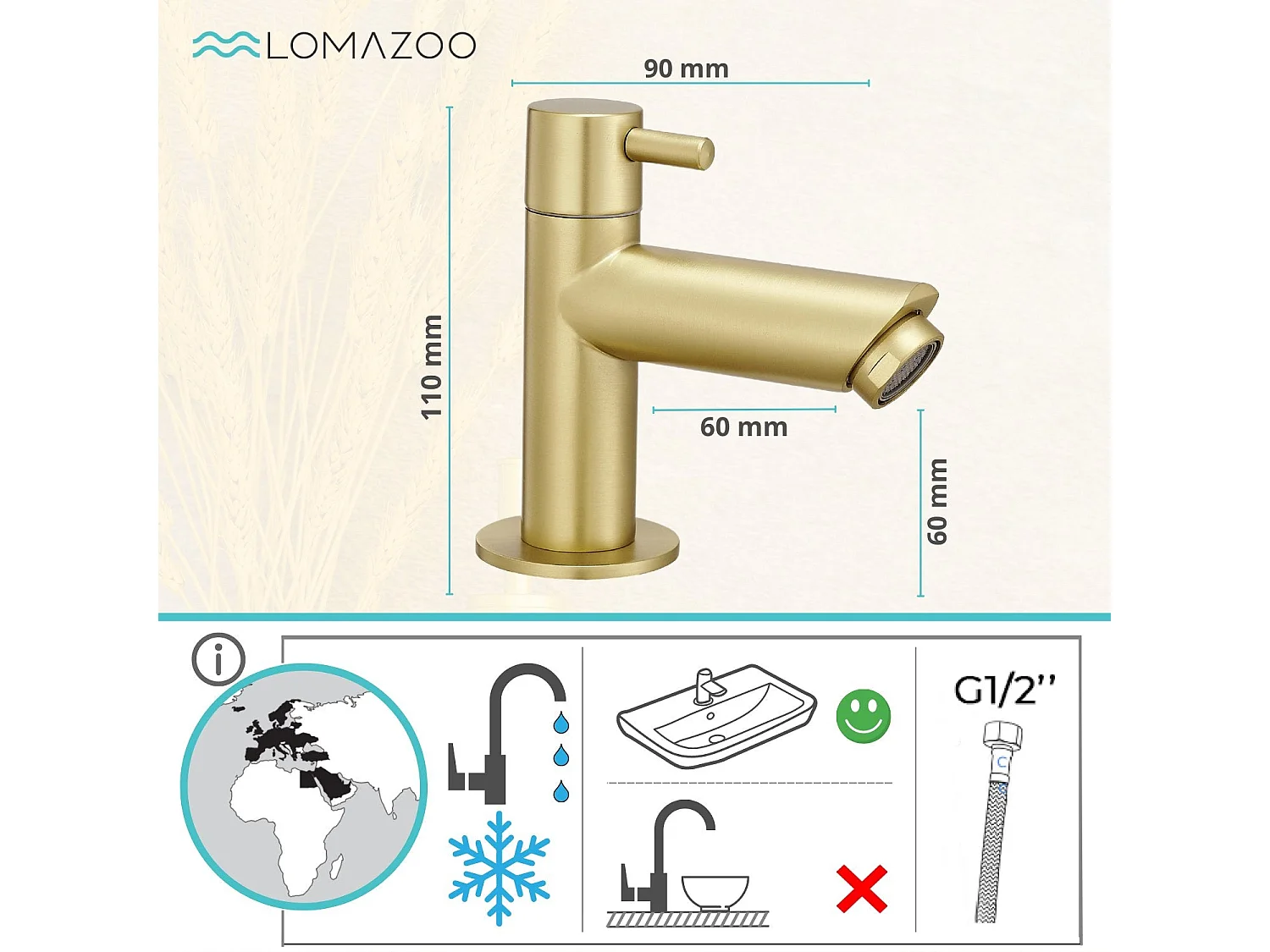Robinet eau froide lave main doré - Tropea LOMAZOO
