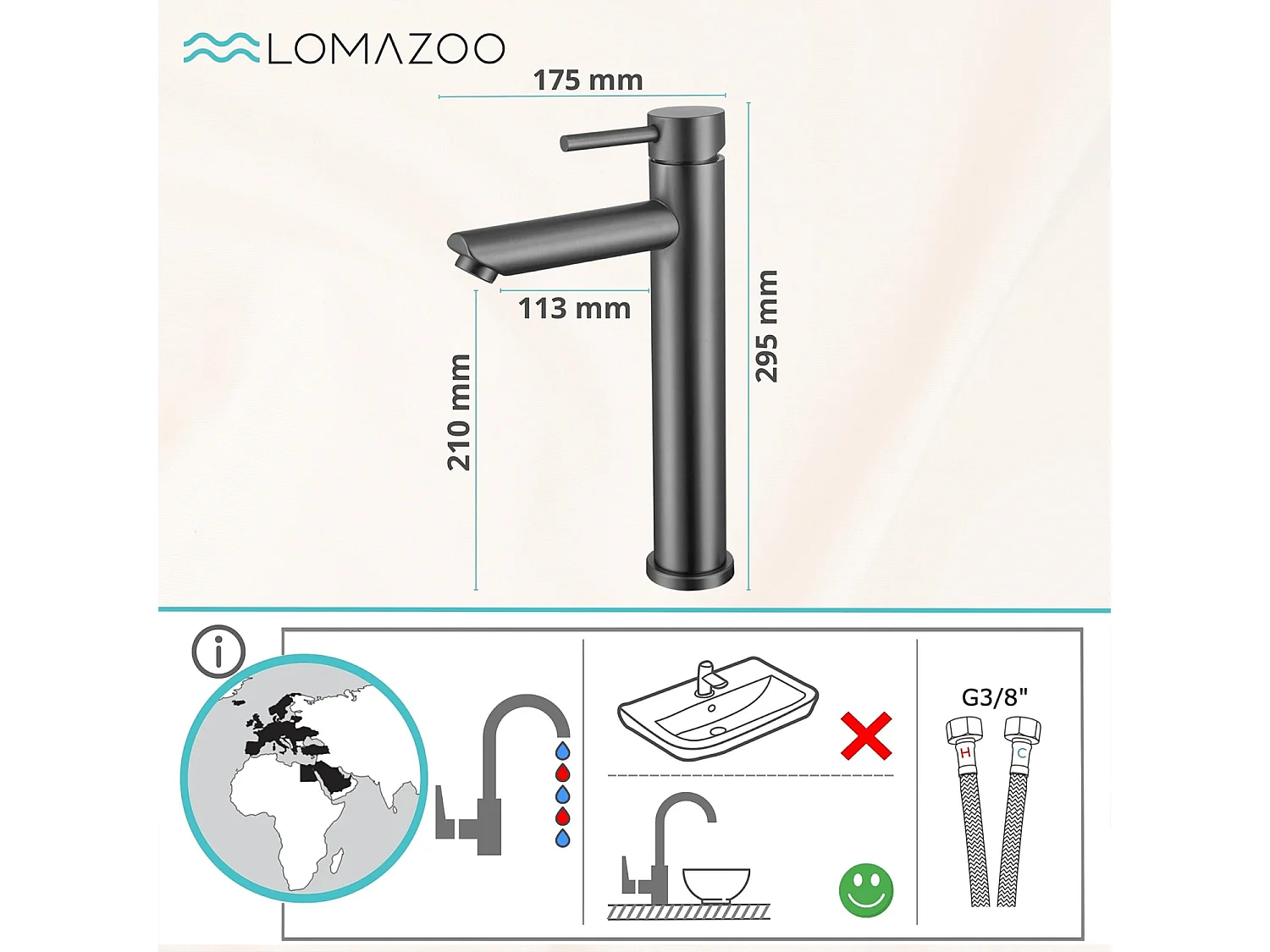 Mitigeur de lavabo LOMAZOO anthracite Tess