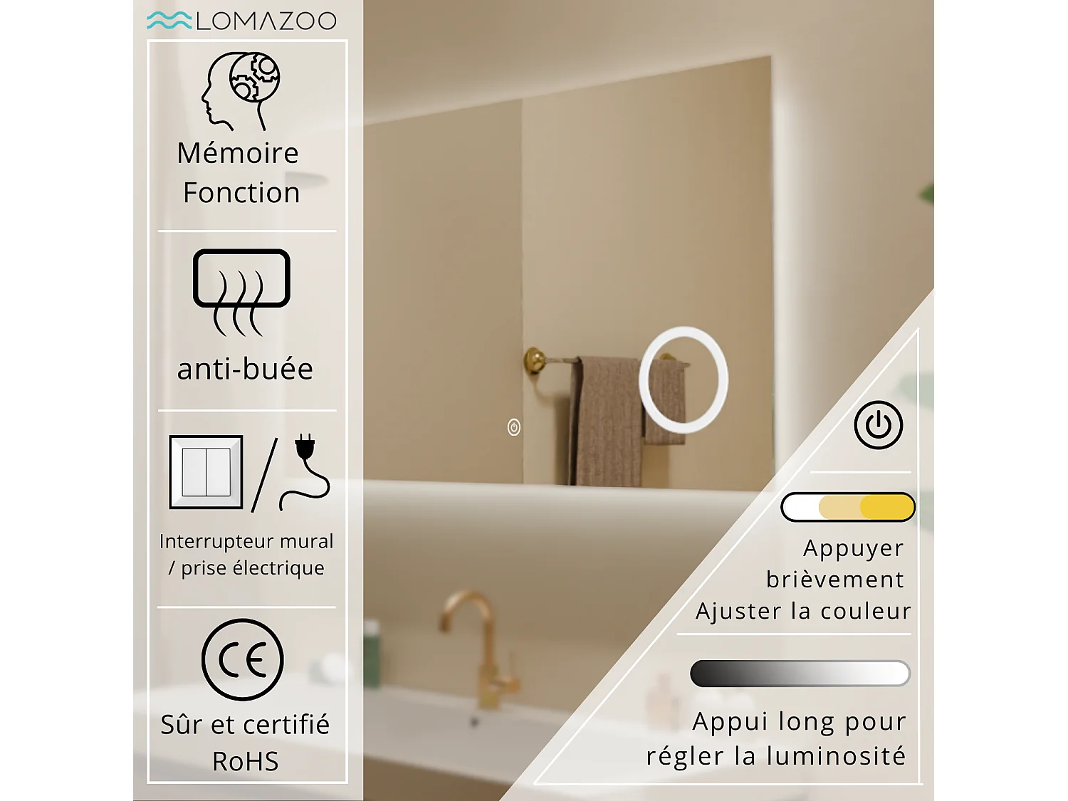 Miroir salle de bain LOMAZOO Marseille avec LED 100 x 60 cm