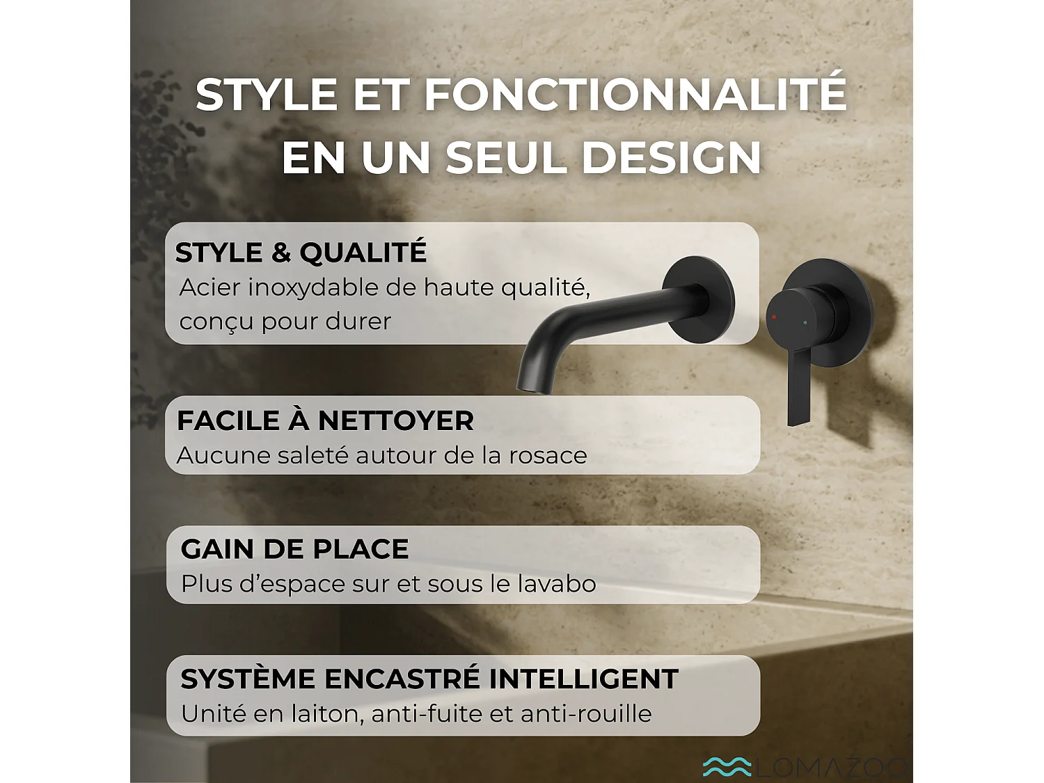 LOMAZOO Robinet Mitigeur De Lavabo Mural Encastré - Noir Mat - Centauri