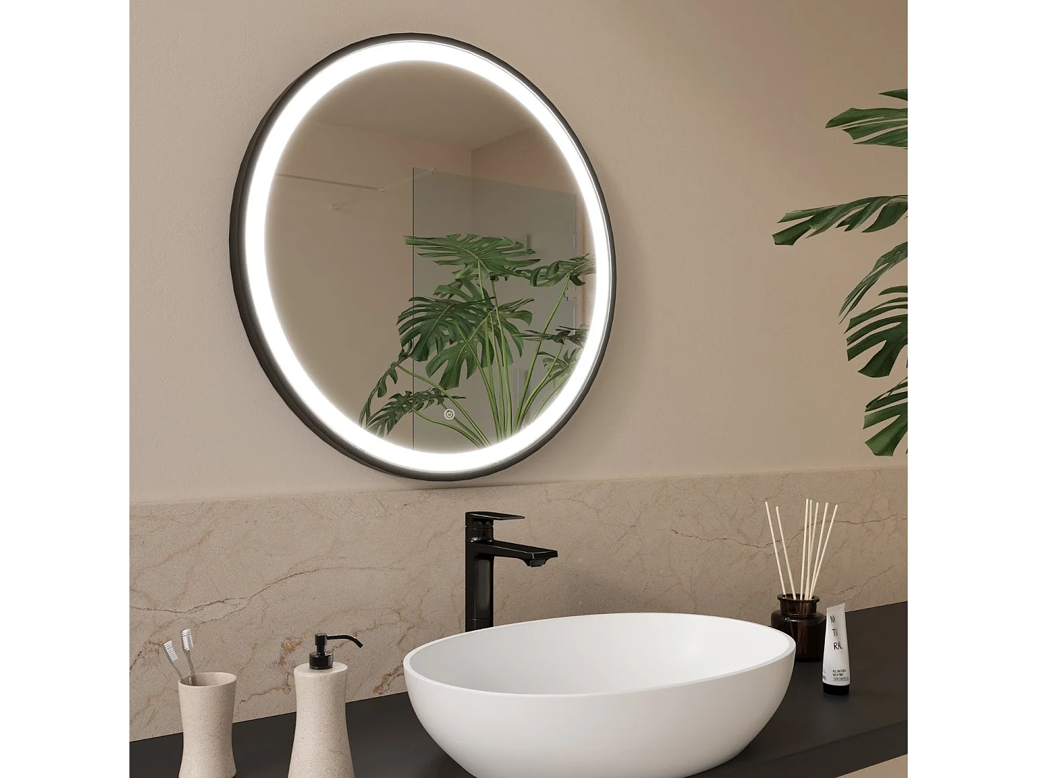 Miroir salle de bain LOMAZOO Milano avec LED 60 cm noir rond