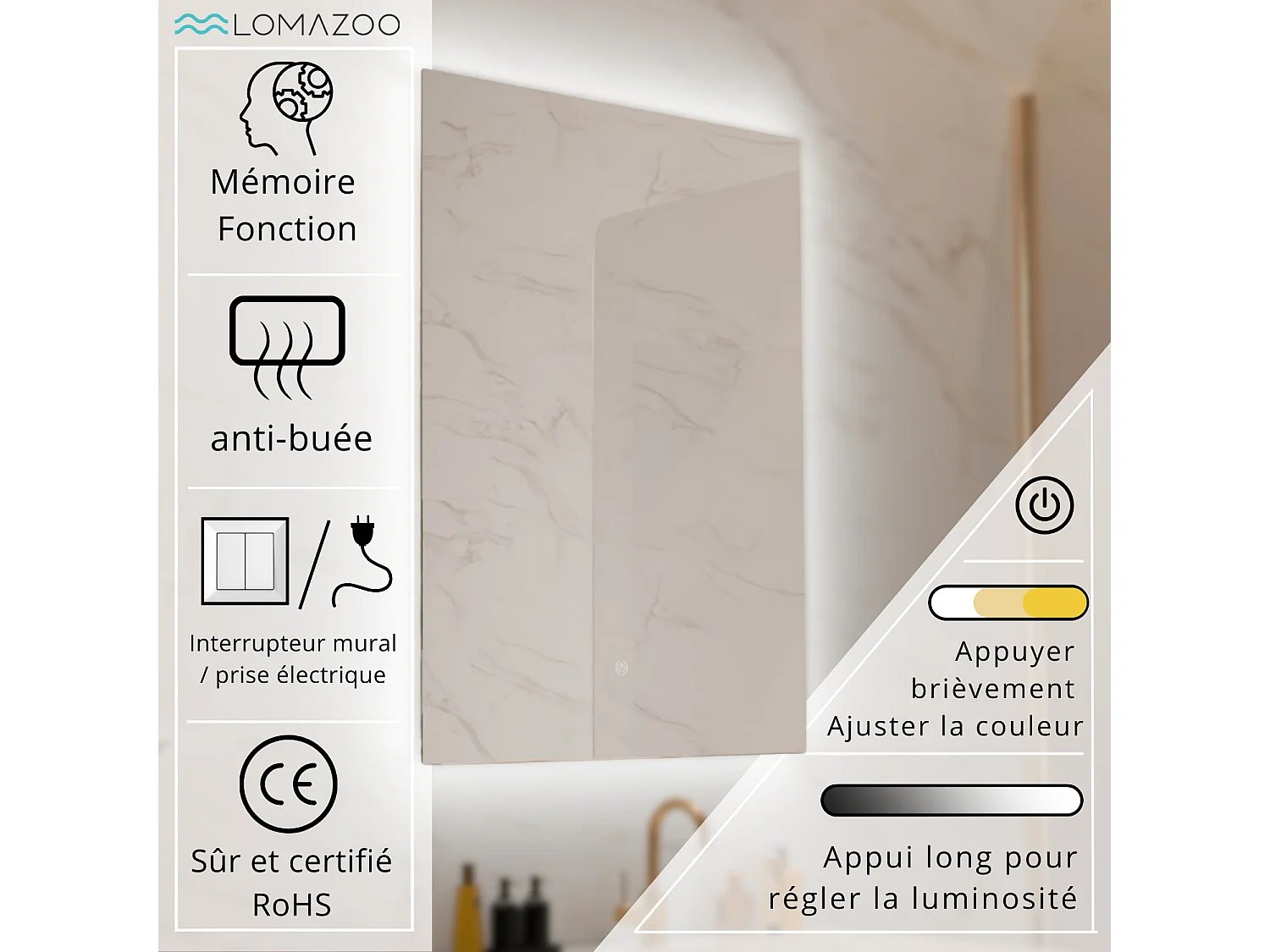 Miroir salle de bain LOMAZOO Cannes avec LED 60 x 80 cm