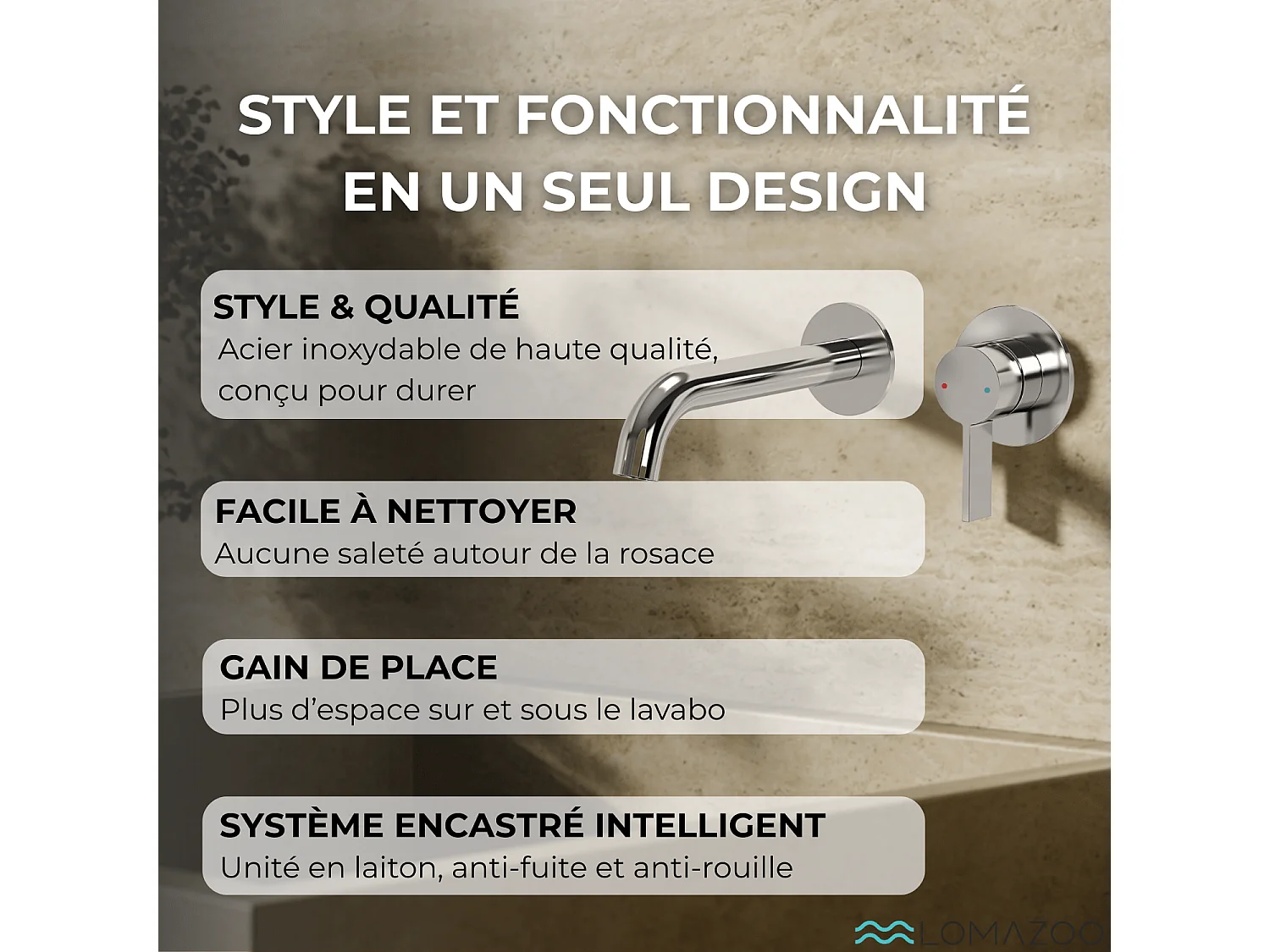 LOMAZOO Robinet Mitigeur De Lavabo Mural Encastré - Chrome - Kepler