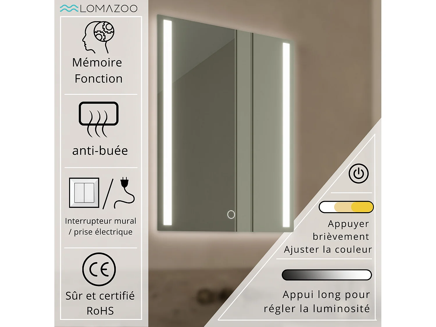 Miroir salle de bain LOMAZOO Phoenix avec LED 80 x 60 cm
