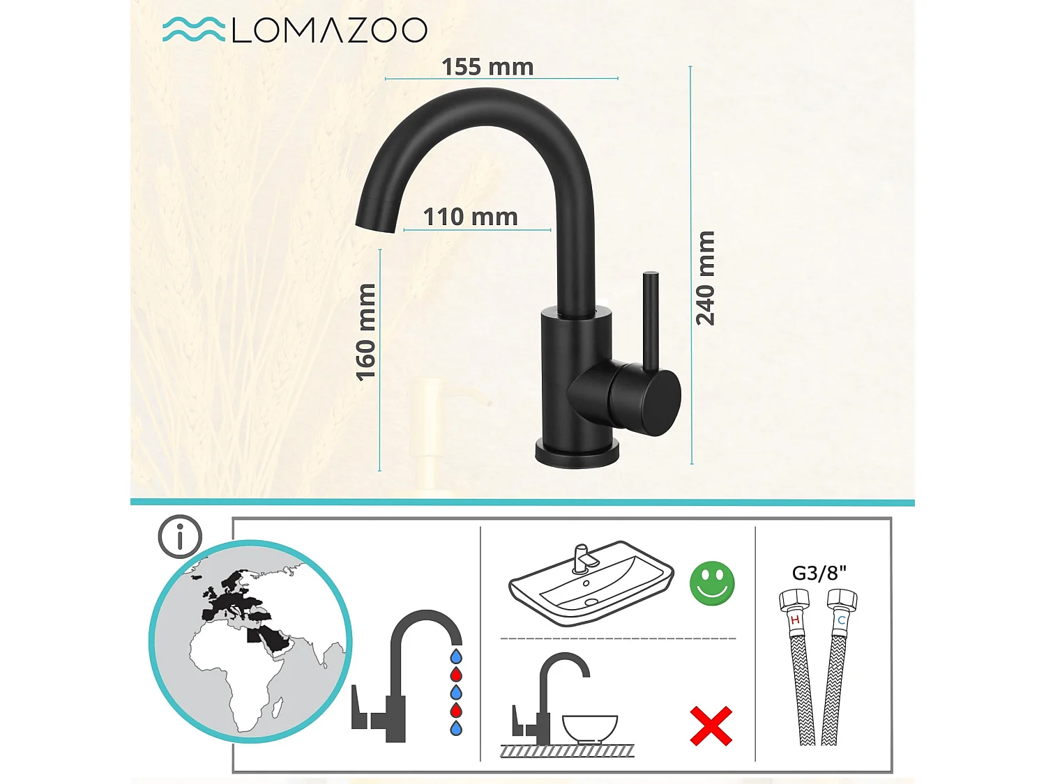 Mitigeur de lavabo LOMAZOO noir Styx