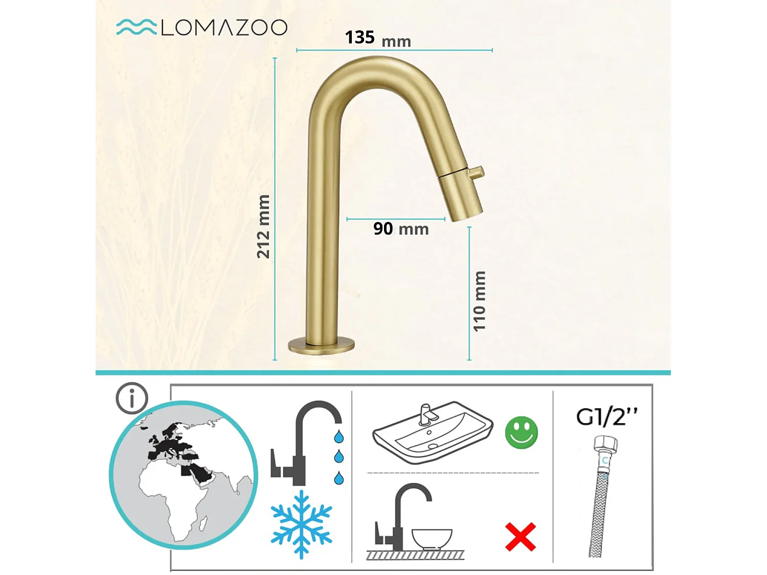 Robinet eau froide lave main doré - Roma LOMAZOO