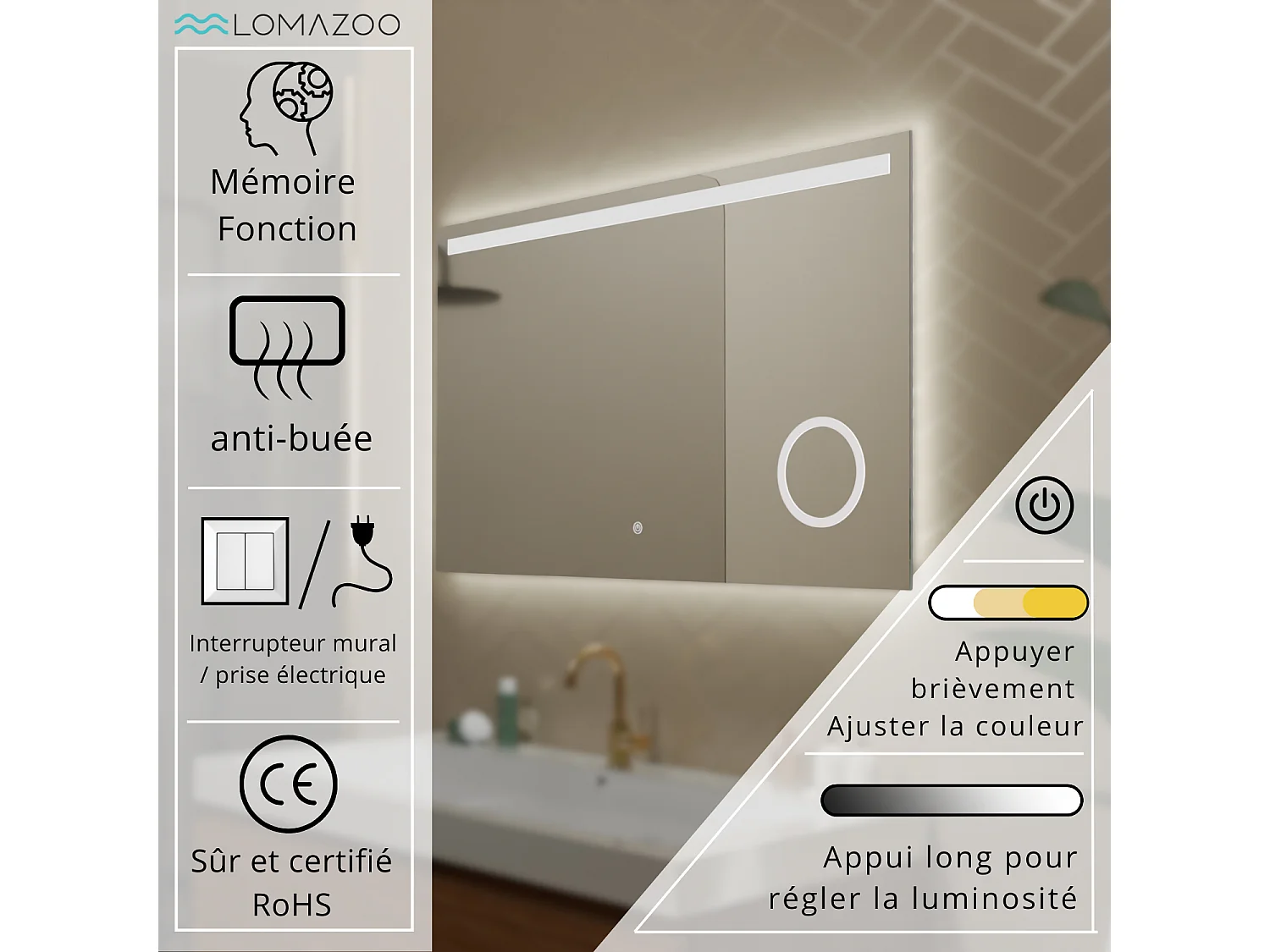 Miroir salle de bain LOMAZOO Riviera avec LED 100 x 60 cm