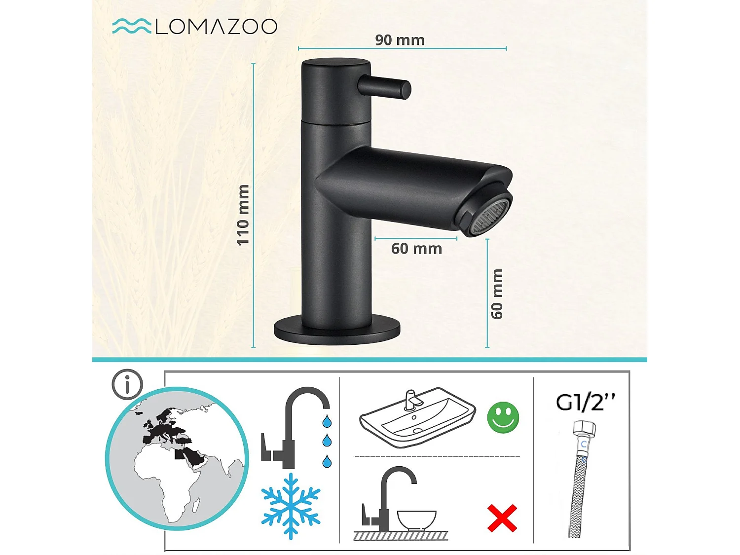 Robinet eau froide lave main noir - Vittel LOMAZOO
