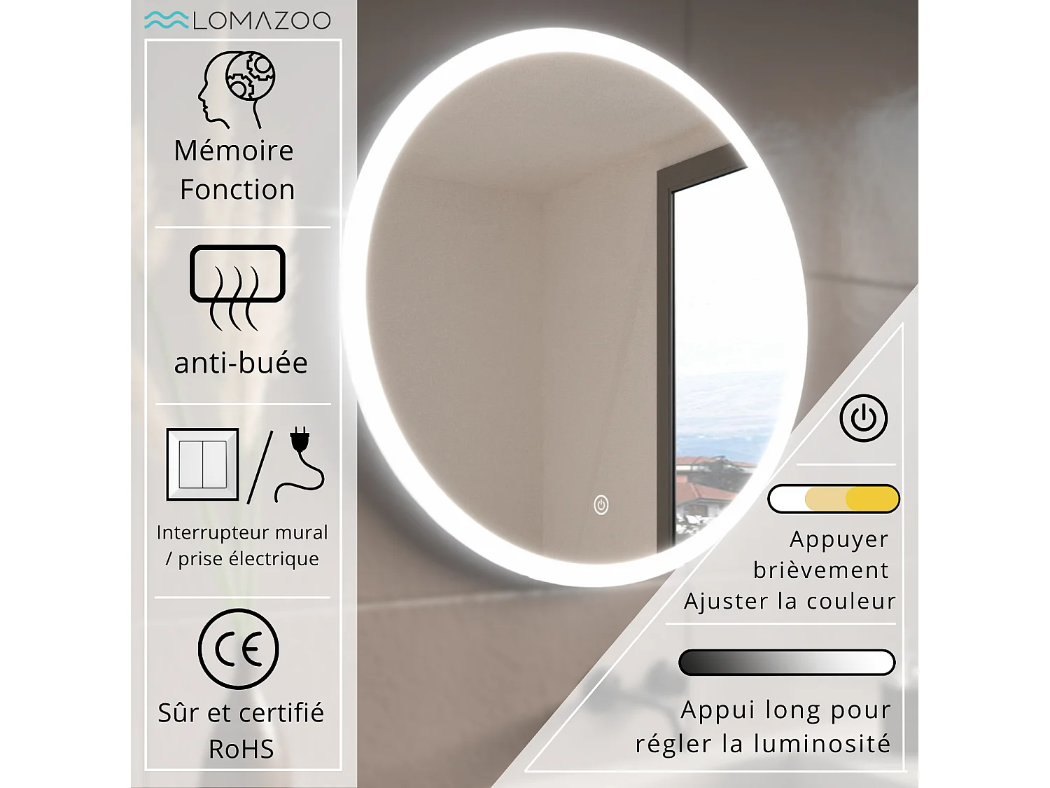 Miroir salle de bain LOMAZOO Vegas avec LED 70 cm rond