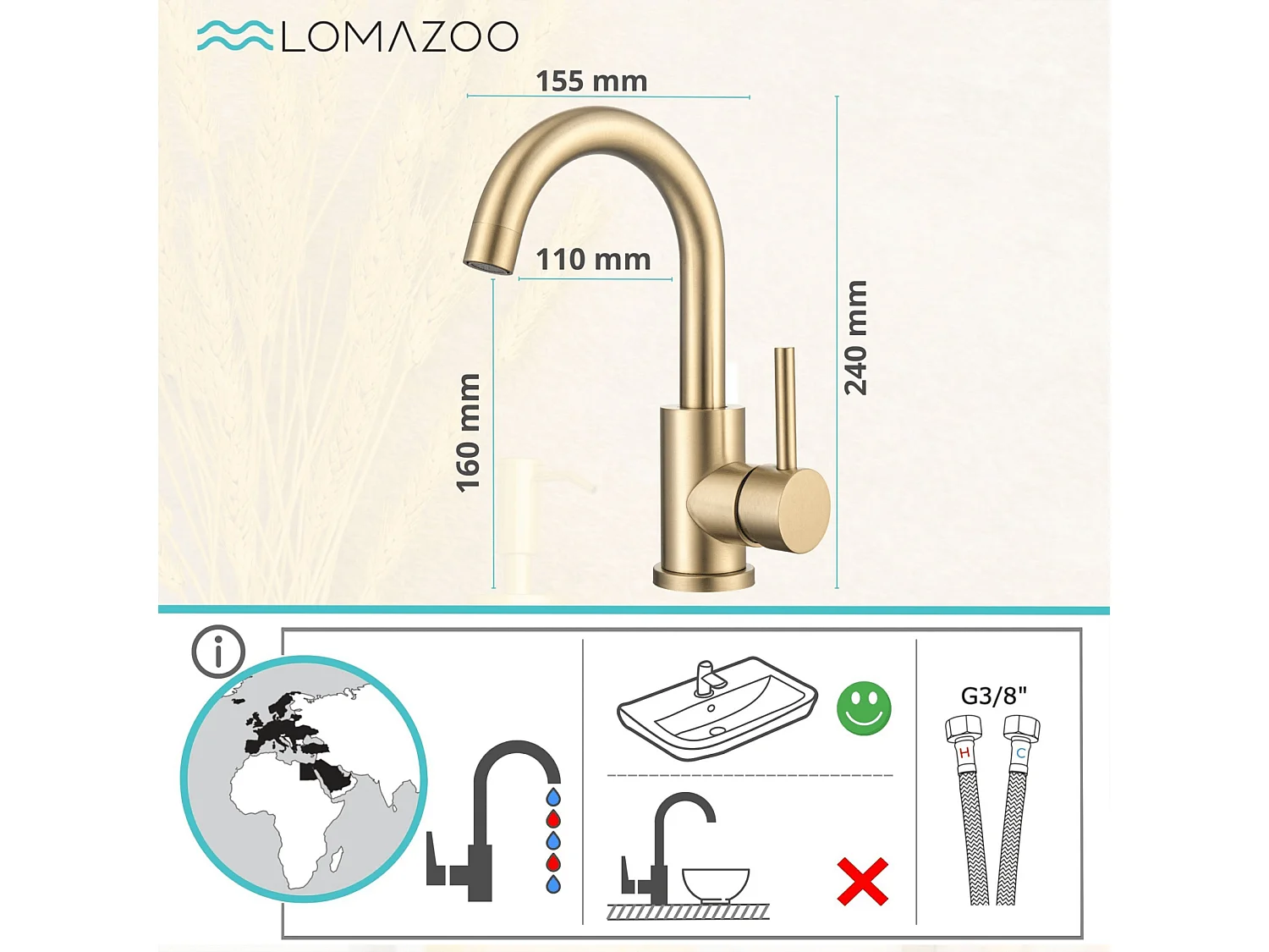 Mitigeur de lavabo LOMAZOO doré Lysa