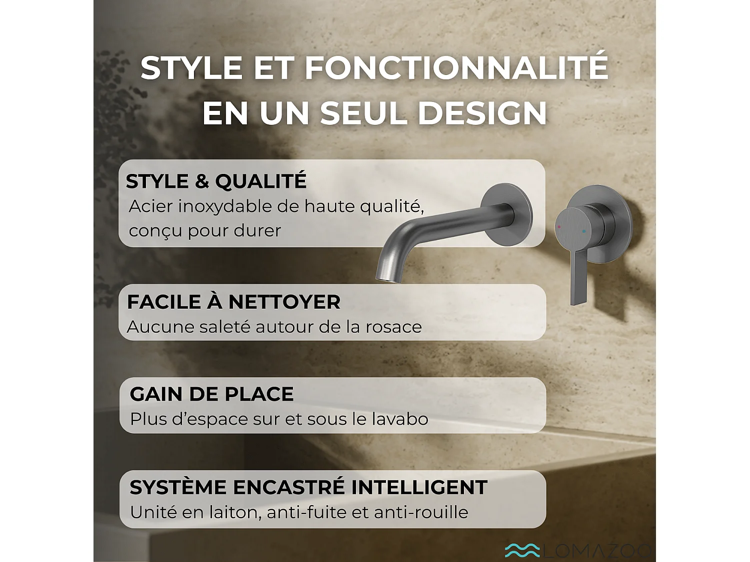 LOMAZOO Robinet Mitigeur De Lavabo Mural Encastré - Gris Gun Metal - Gaia