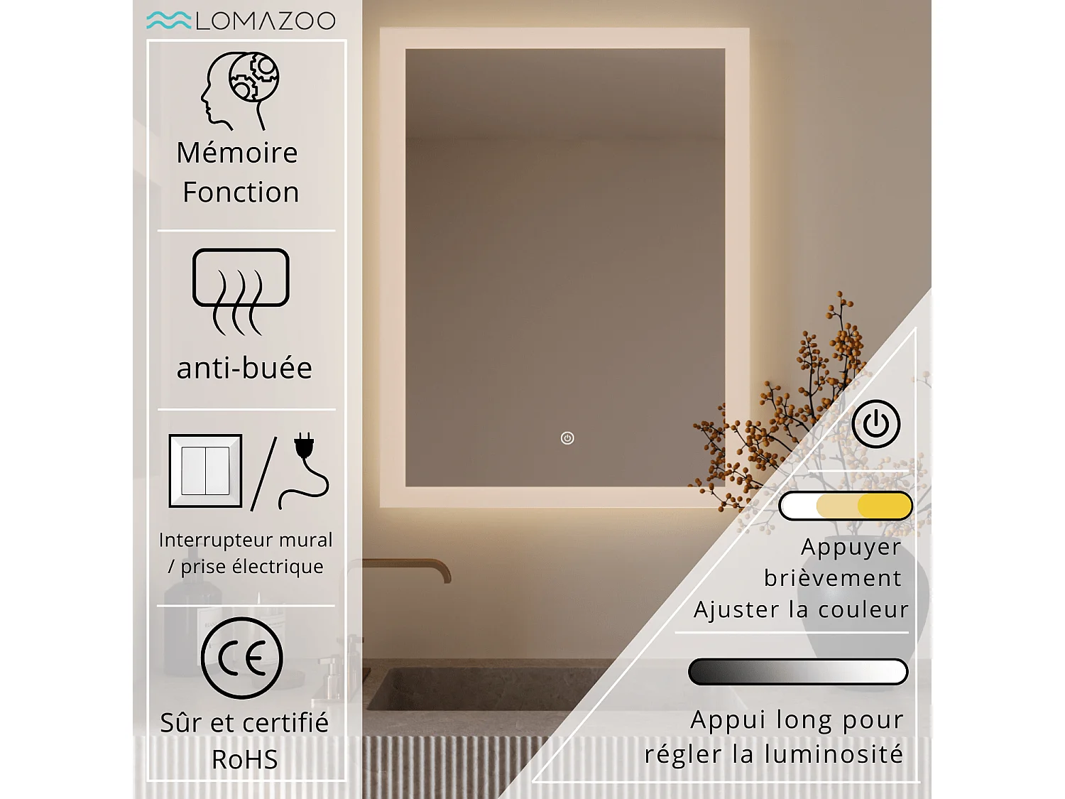 Miroir salle de bain LOMAZOO Orlando  avec LED 60 x 80 cm