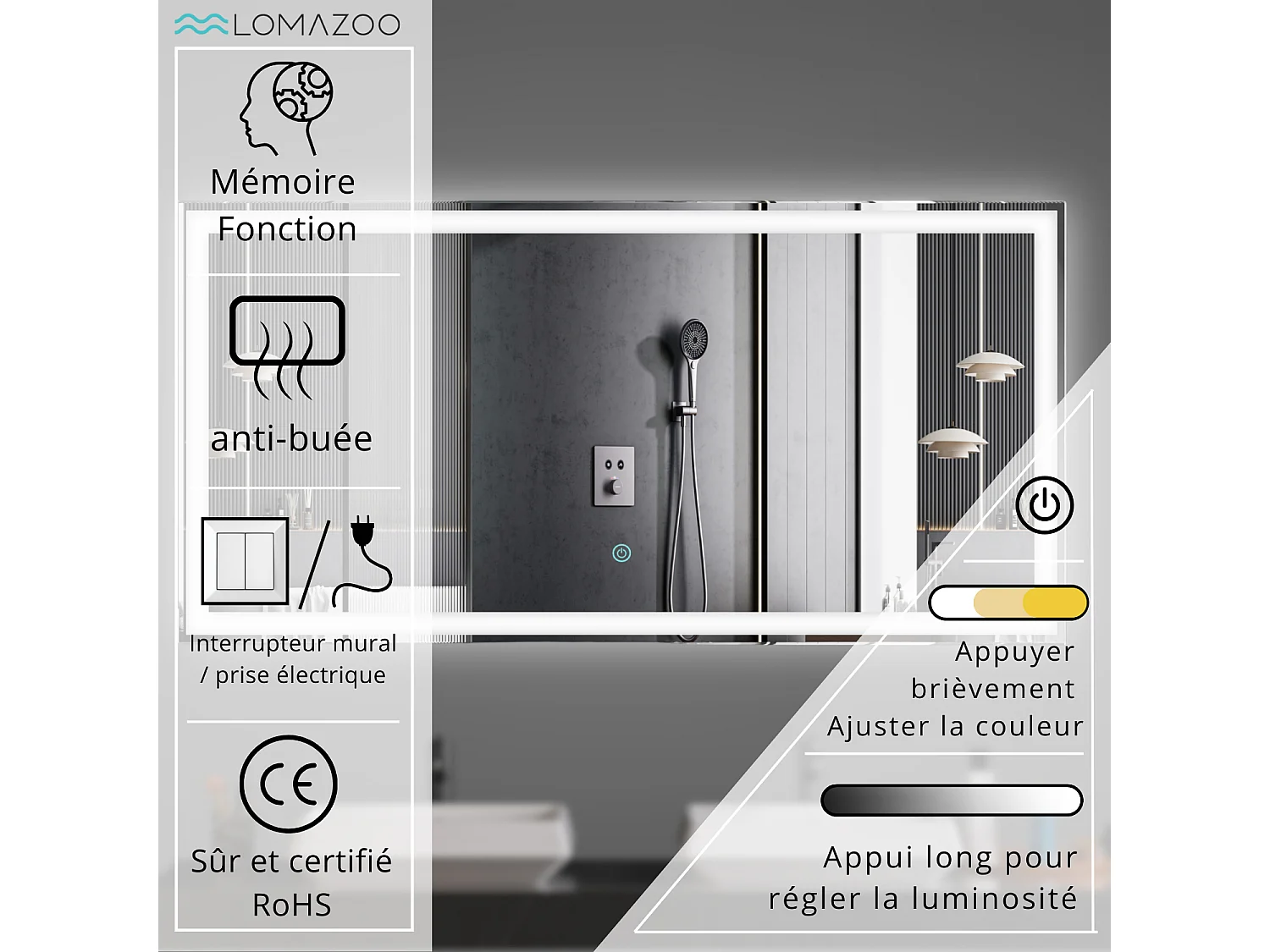 Miroir salle de bain LOMAZOO Memphis avec LED 120 x 60 cm