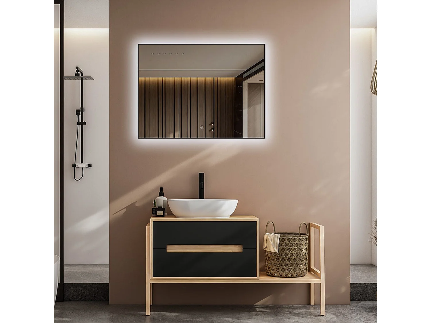 Miroir salle de bain LOMAZOO Lyon avec LED 80 x 60 cm rectangle Noir