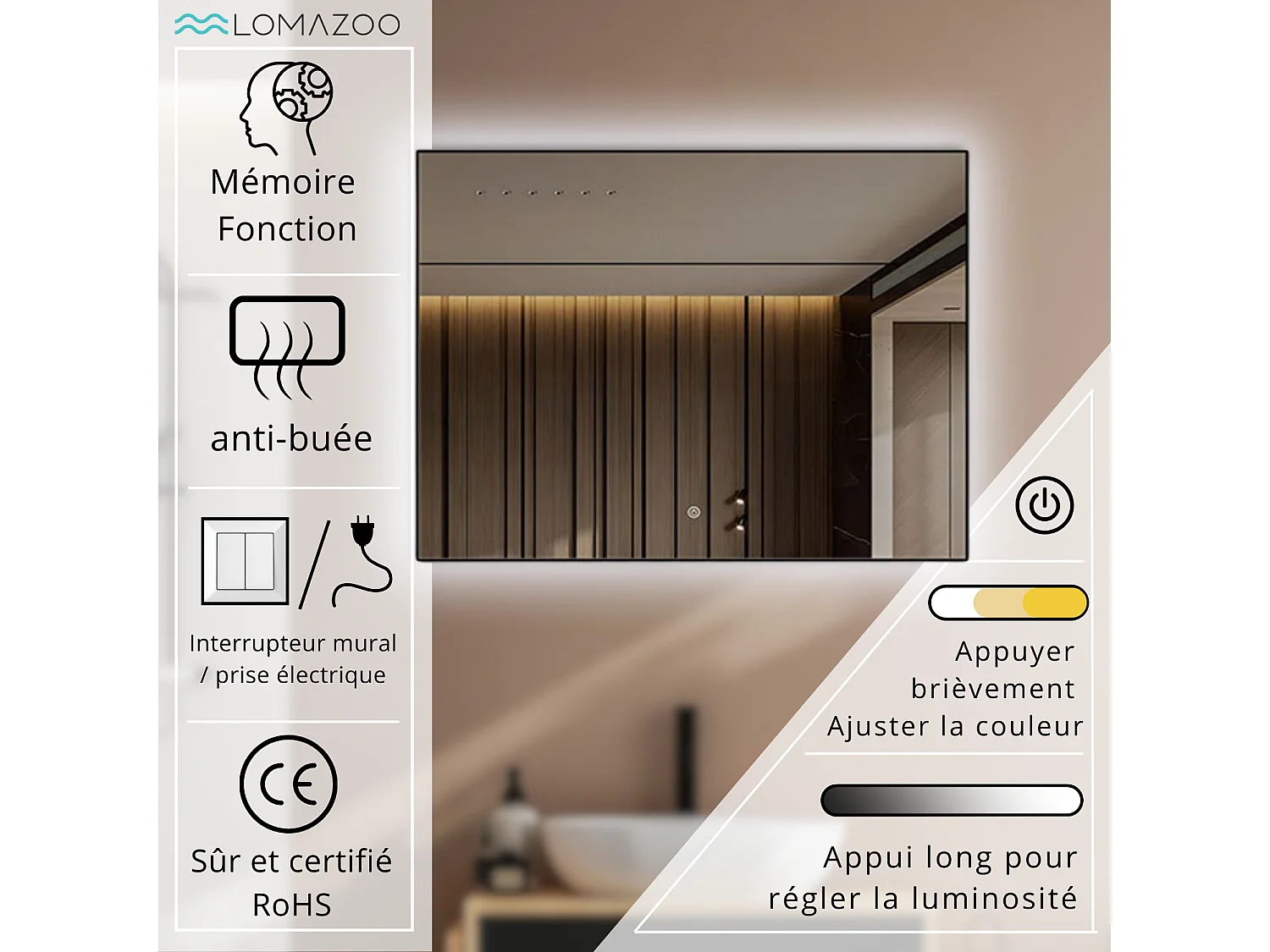Miroir salle de bain LOMAZOO Lyon avec LED 80 x 60 cm rectangle Noir