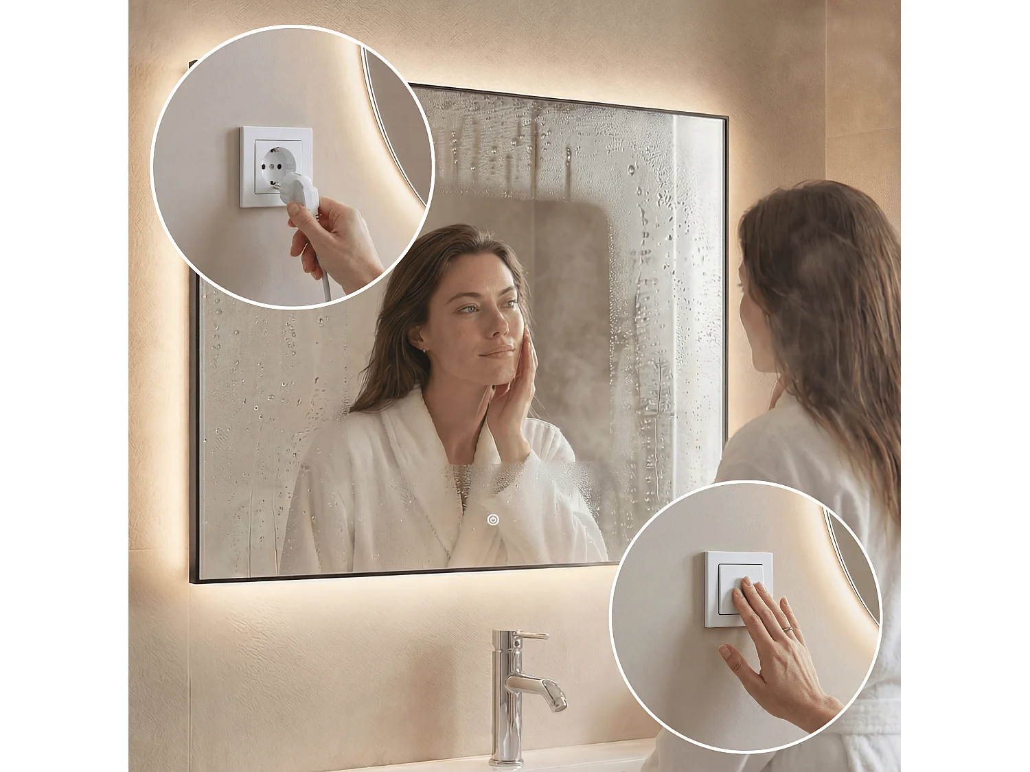 Miroir salle de bain LOMAZOO Lyon avec LED 80 x 60 cm rectangle Noir