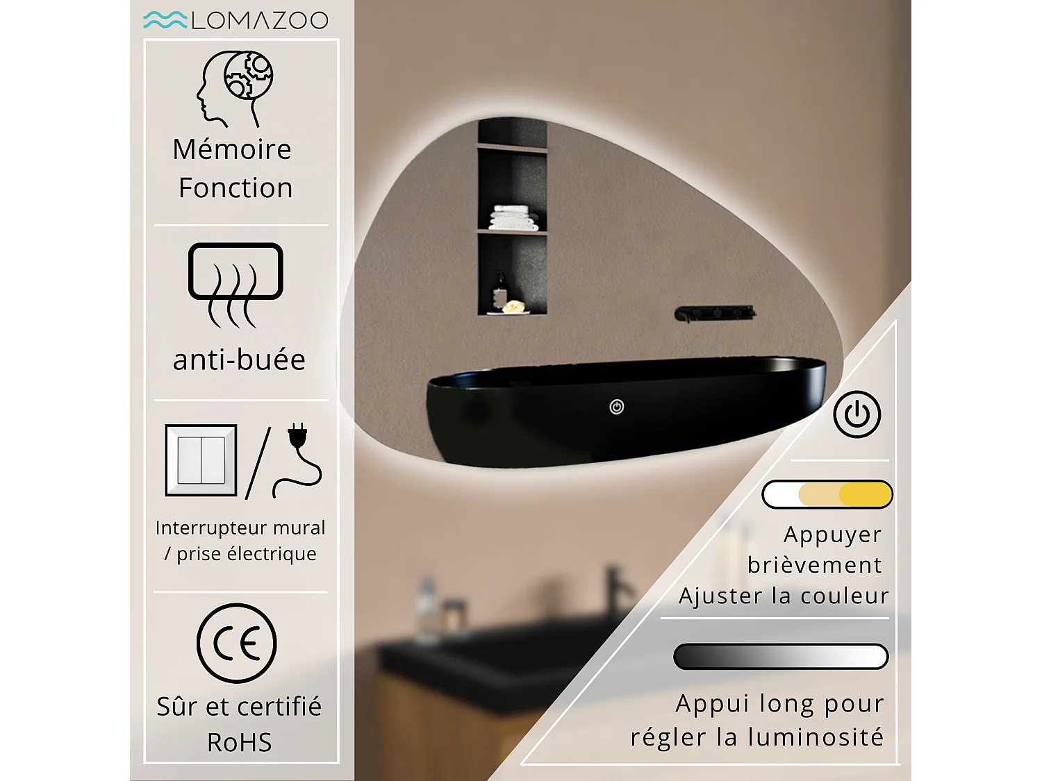 Miroir salle de bain LOMAZOO Sevilla avec LED 120 x 75 cm asymétrique