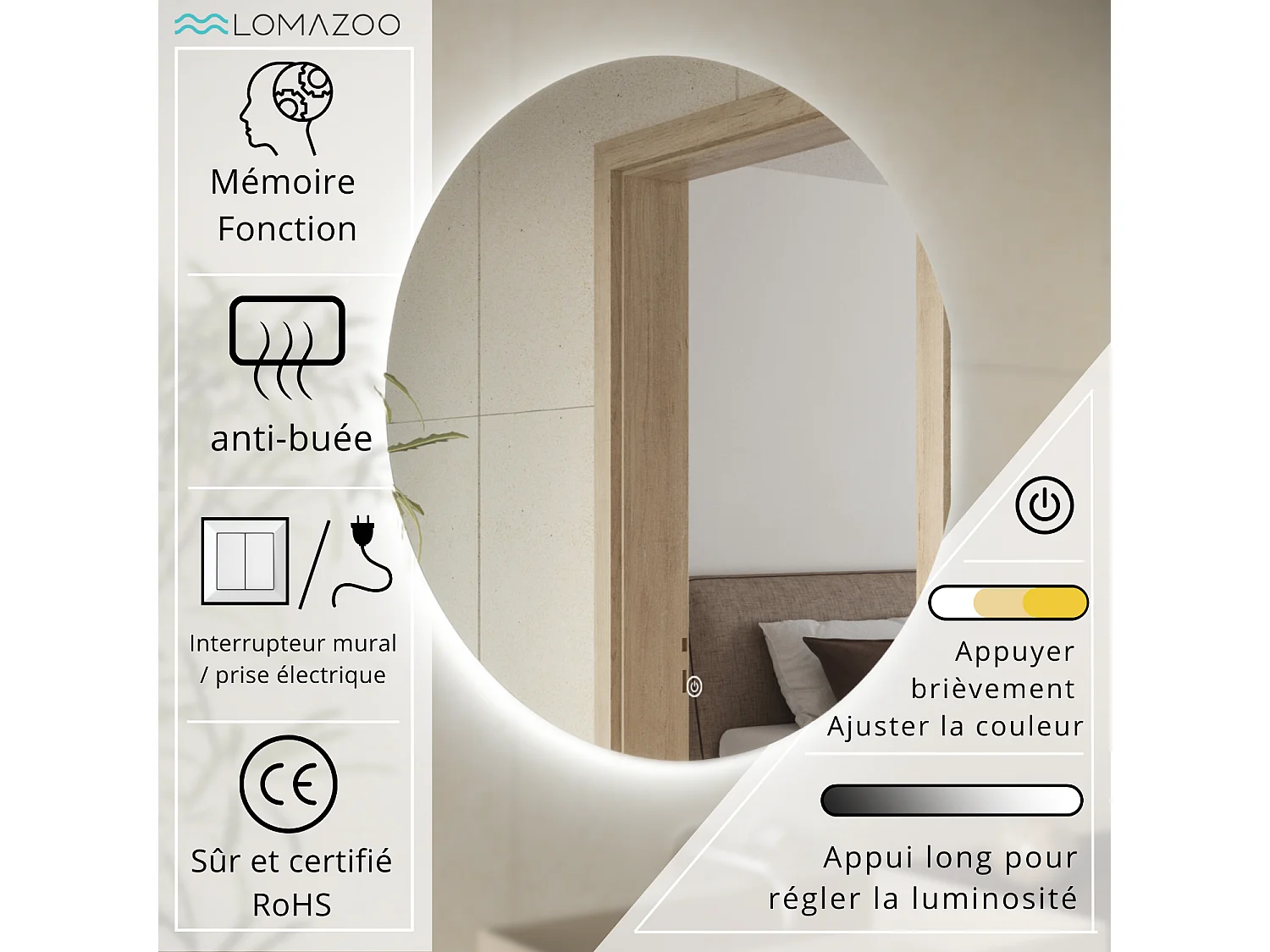 Miroir salle de bain LOMAZOO Atlanta avec LED 70 cm rond