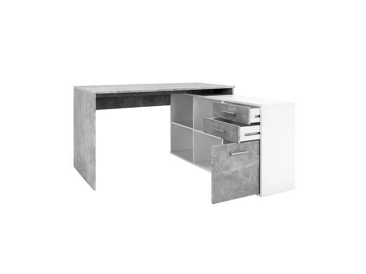 London Hoekbureau met Planken en Laden, Beton/Wit, Omkeerbaar, 136 x 139 x 75 cm