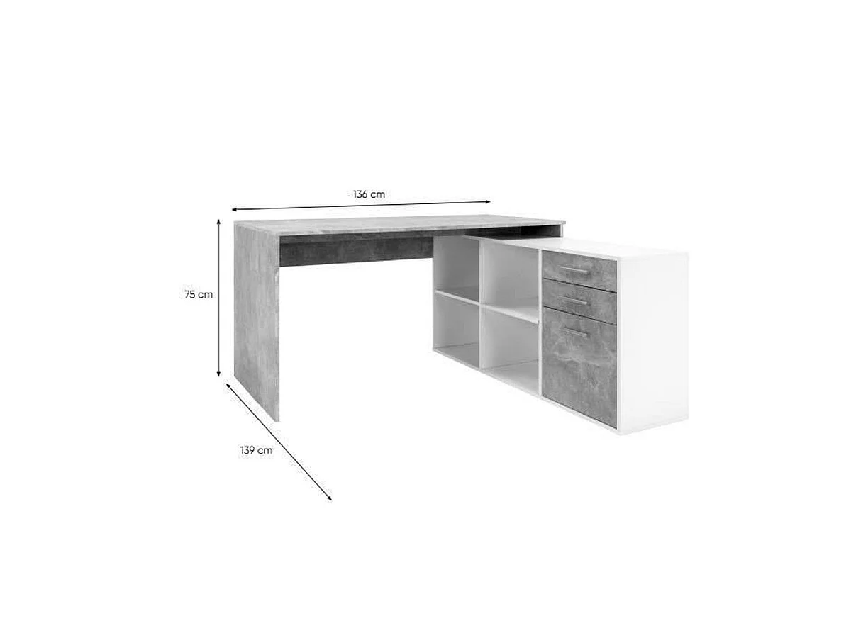 London Hoekbureau met Planken en Laden, Beton/Wit, Omkeerbaar, 136 x 139 x 75 cm