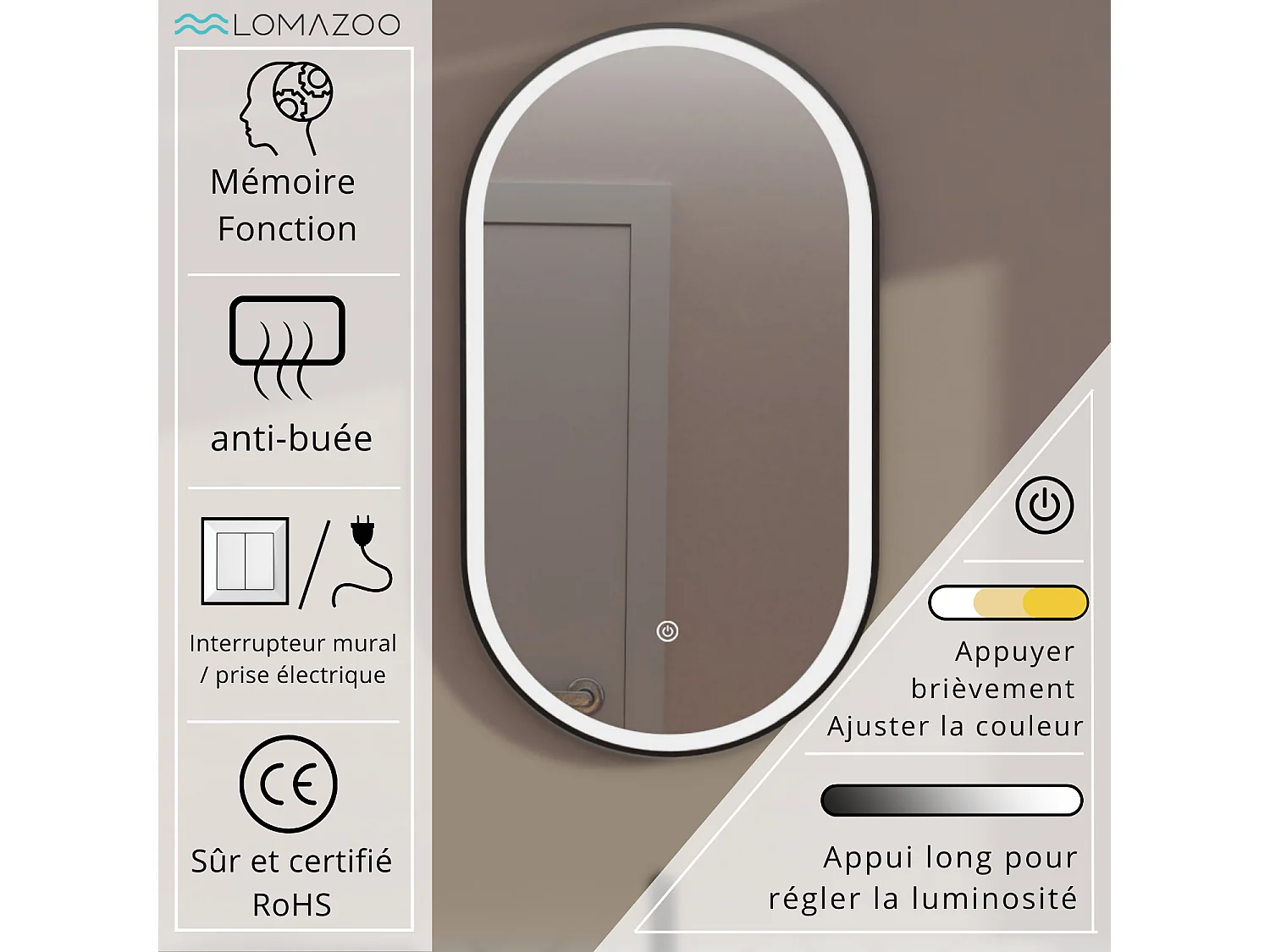 Miroir salle de bain LOMAZOO Frankfurt avec LED 40x70 cm ovale noir
