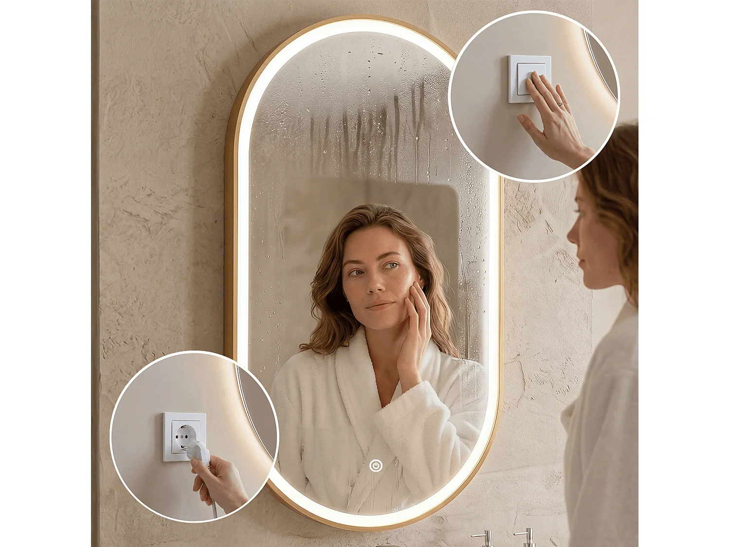 Miroir salle de bain lumineux LED LOMAZOO Hamburg 50x70 cm ovale doré