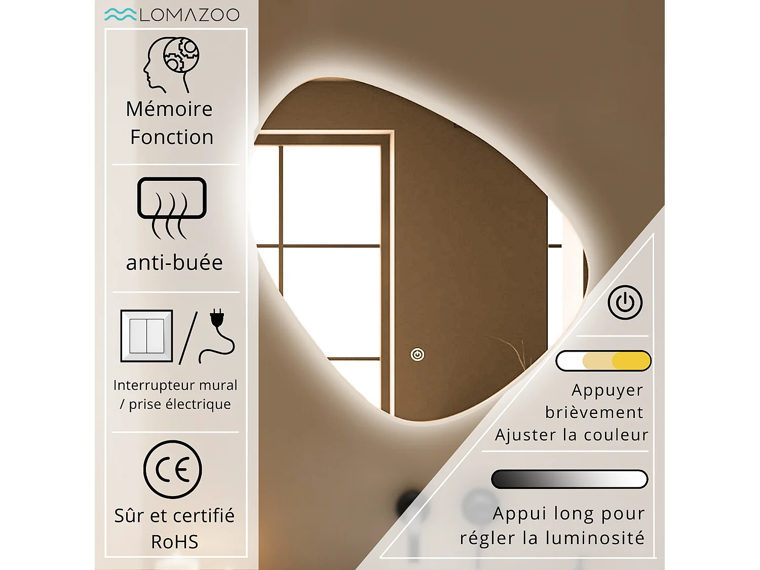 Miroir salle de bain LOMAZOO Zurich avec LED 80 cm ovale