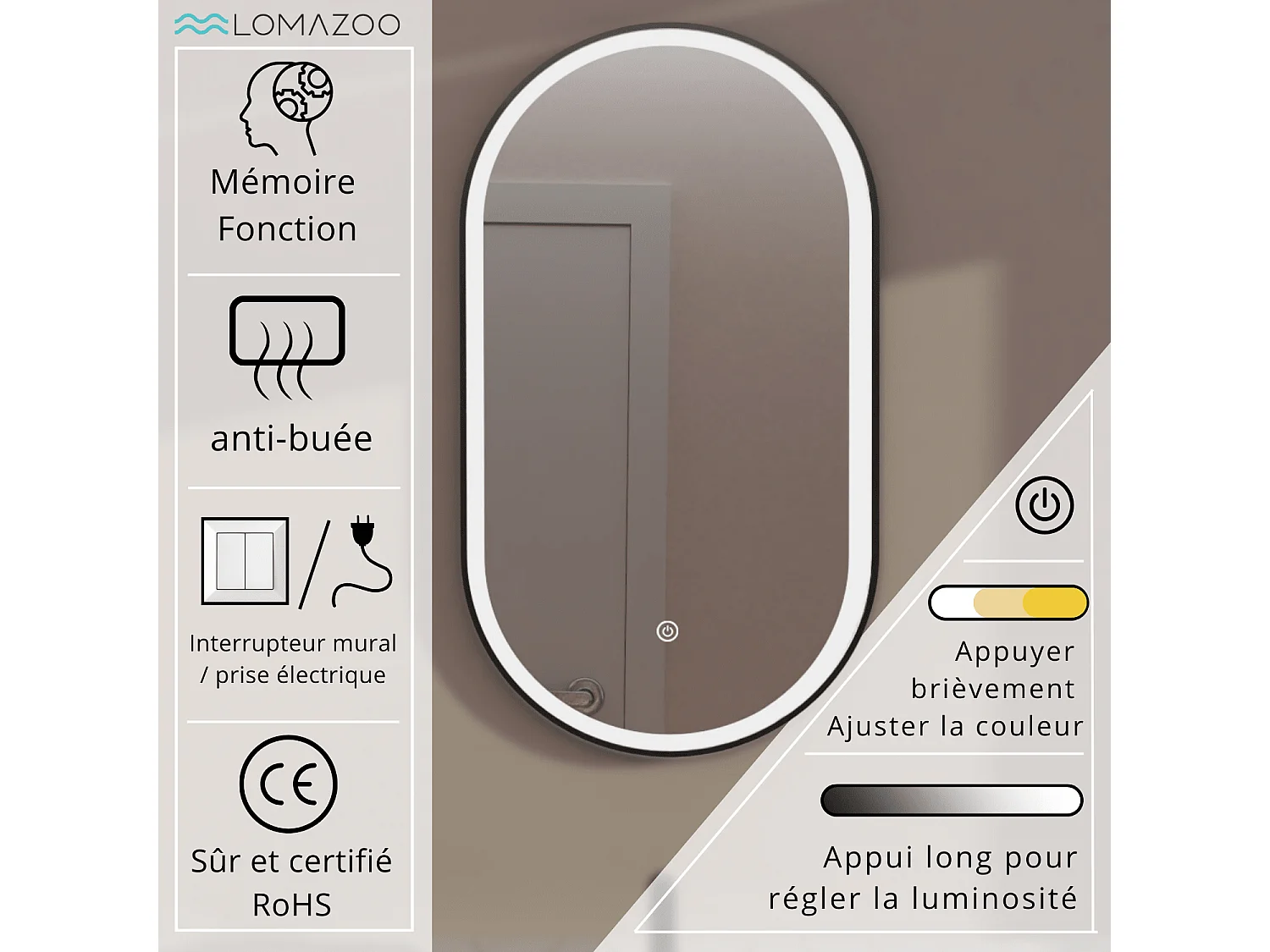 Miroir salle de bain lumineux LED LOMAZOO Leipzig 50x90 cm ovale noir