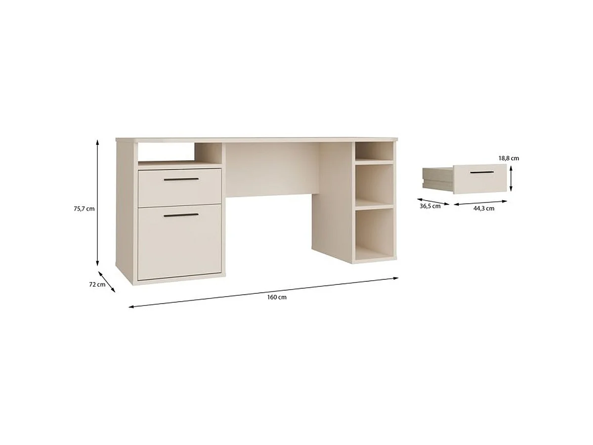 Bureau d'angle TEZAUR, 160 x 72 x 75,7 cm, beige cachemire, rangement à gauche