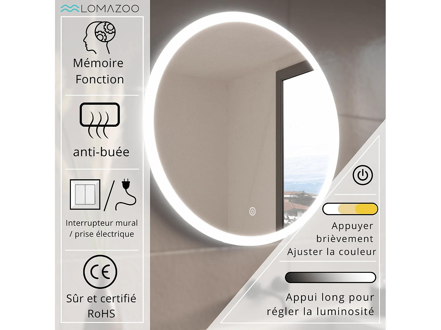 Miroir salle de bain LOMAZOO Helsinki avec LED 70 cm rond Blanc
