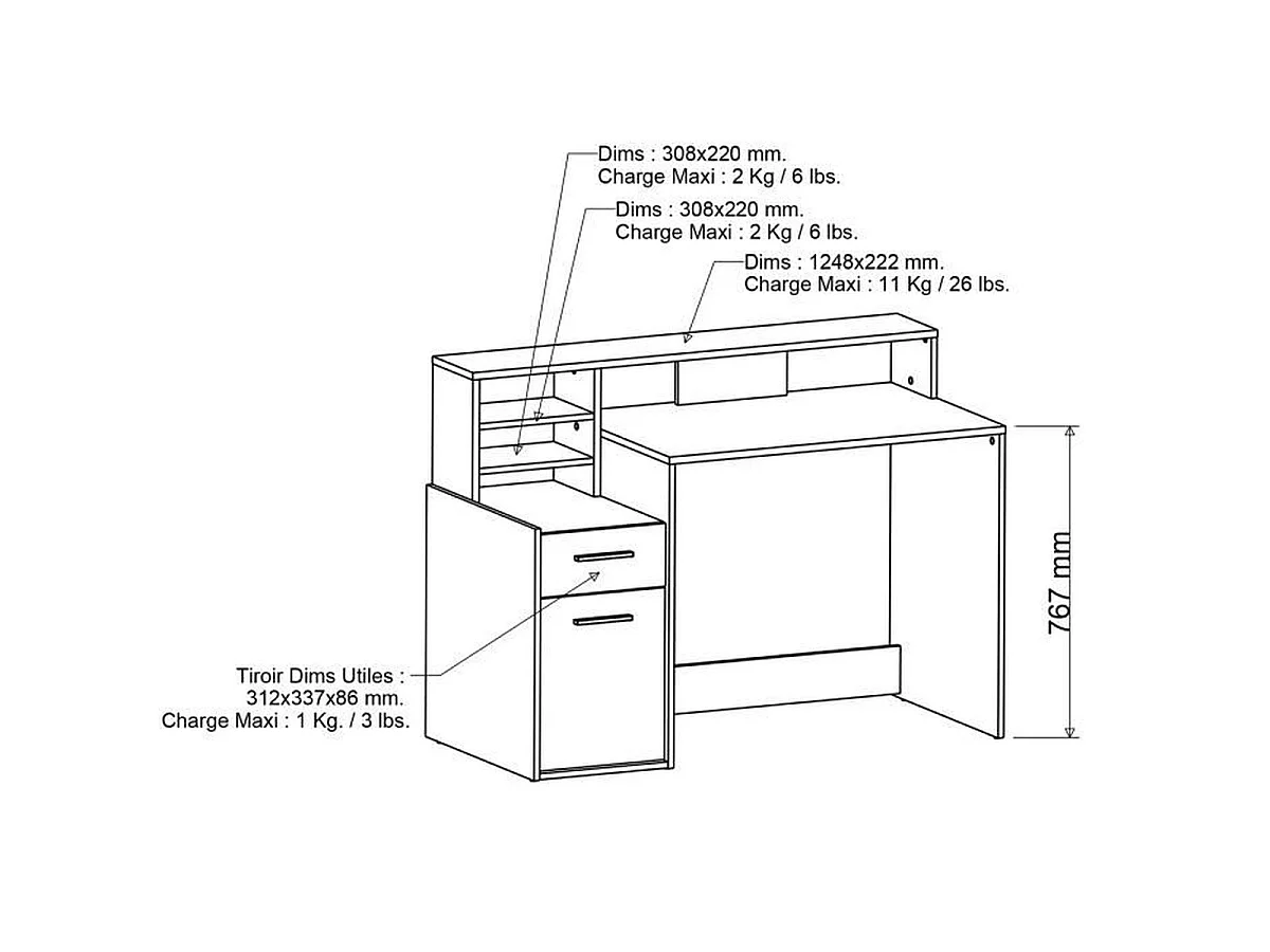 Bureau DELPHI avec rangements, Chêne Kronberg/Noir, L126,2 x P59,8 x H93,5 cm