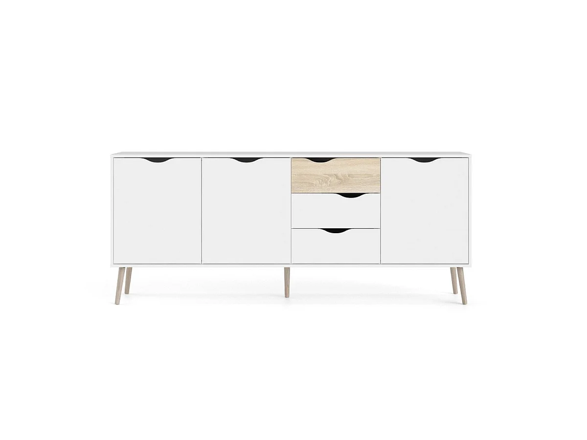 Buffet 3 portes, 3 tiroirs blanc et décor chêne L195,7 cm - BILLUND