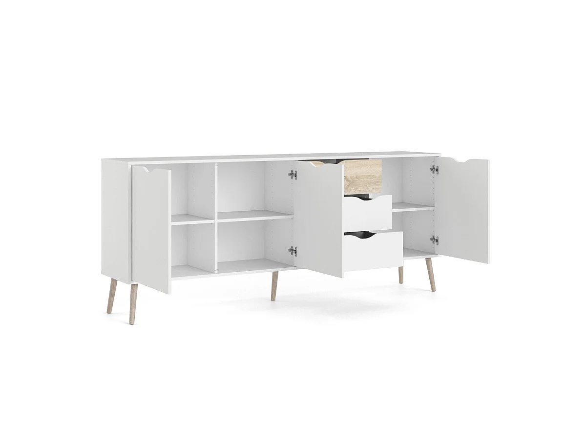 Buffet 3 portes, 3 tiroirs blanc et décor chêne L195,7 cm - BILLUND