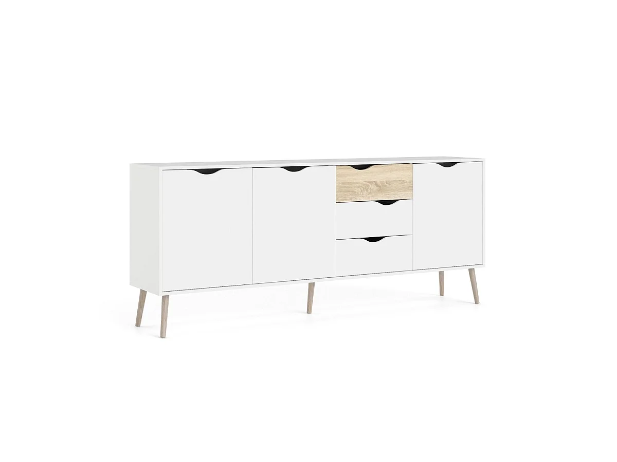 Buffet 3 portes, 3 tiroirs blanc et décor chêne L195,7 cm - BILLUND