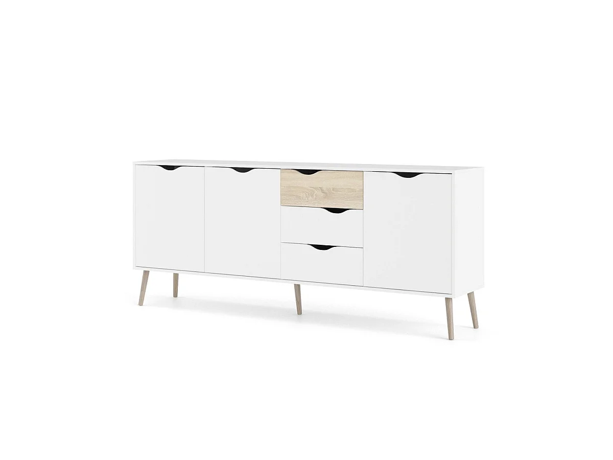 Buffet 3 portes, 3 tiroirs blanc et décor chêne L195,7 cm - BILLUND