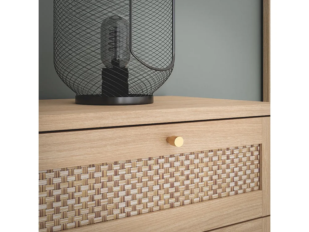 Cassettiera Livia 3 cassetti in rovere con dettagli effetto Rattan 90.4x41.4x80H