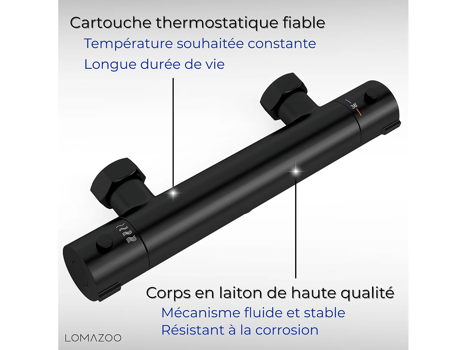 Mitigeur de douche thermostatique noir mat - Entraxe 15 cm - avec bouton de sécurité 38C LOMAZOO